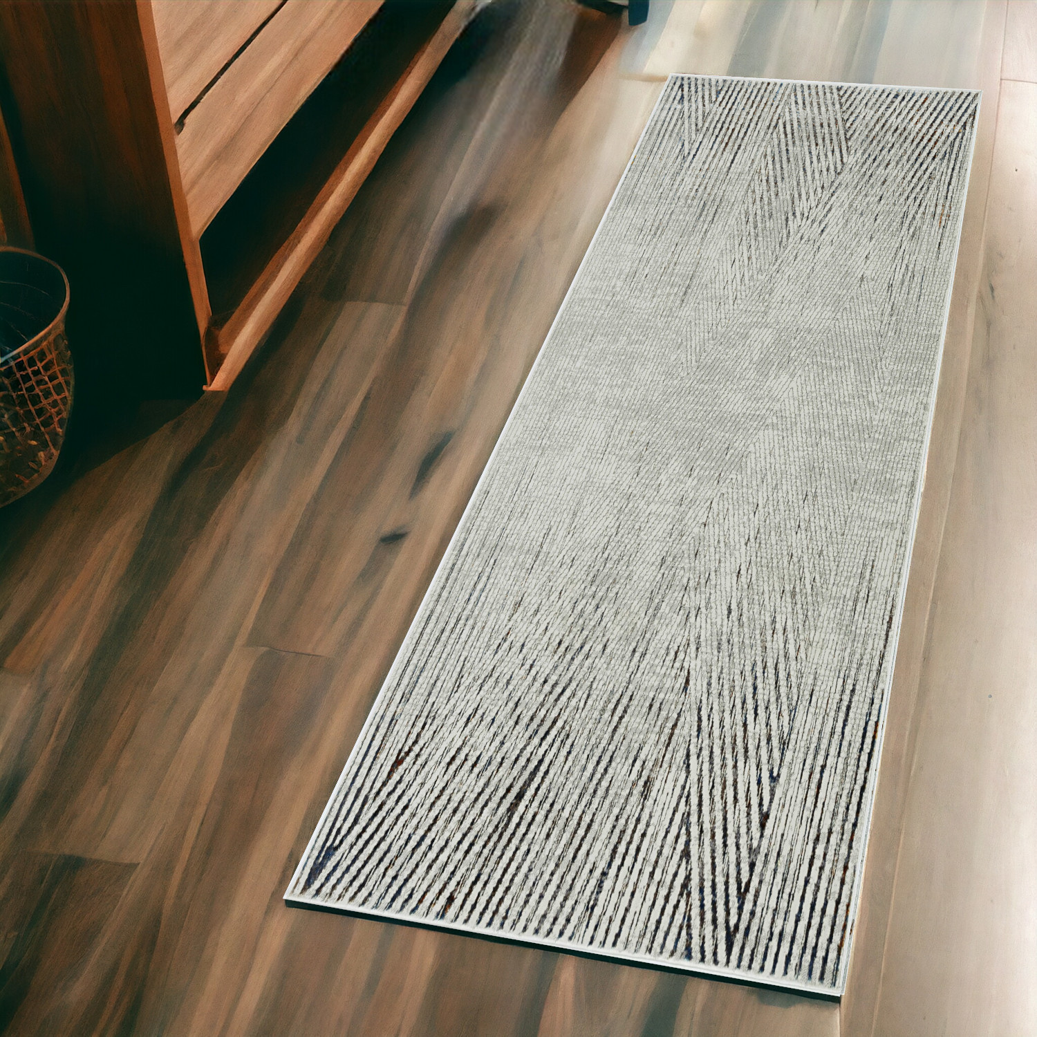 7' Ivory Grey Machine Woven Geometric Lines Indoor Runner Rug-374787-1