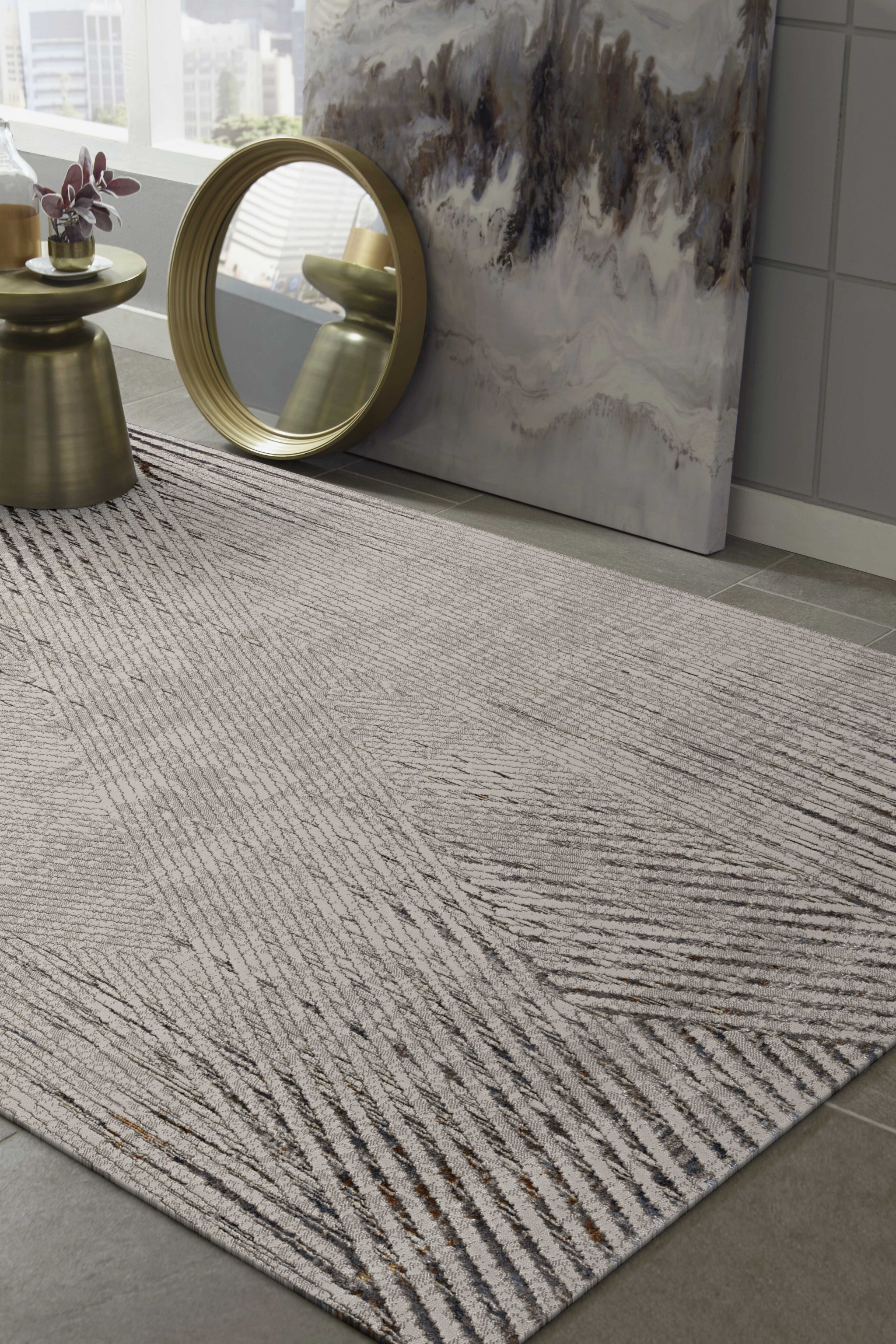 5'X8' Ivory Grey Machine Woven Geometric Lines Indoor Area Rug-374789-1