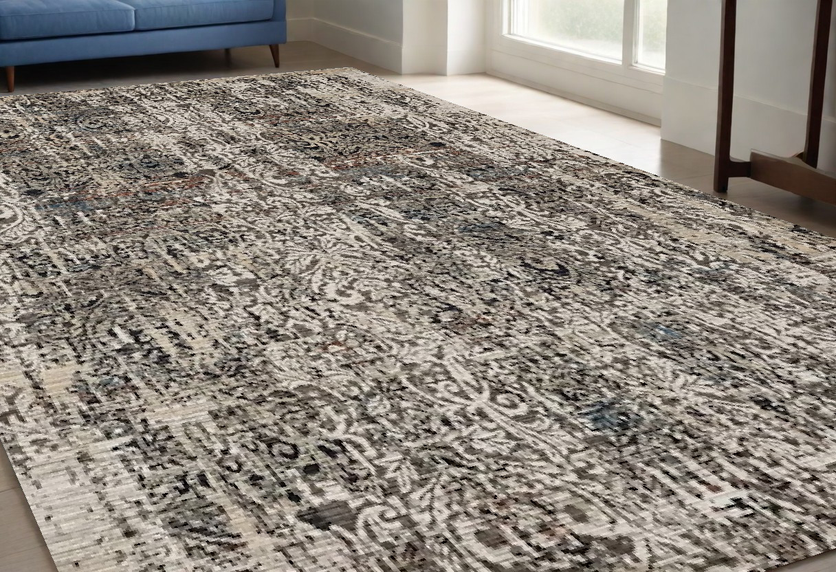 5" X 8" Grey Machine Woven Distressed Traditional Indoor Area Rug