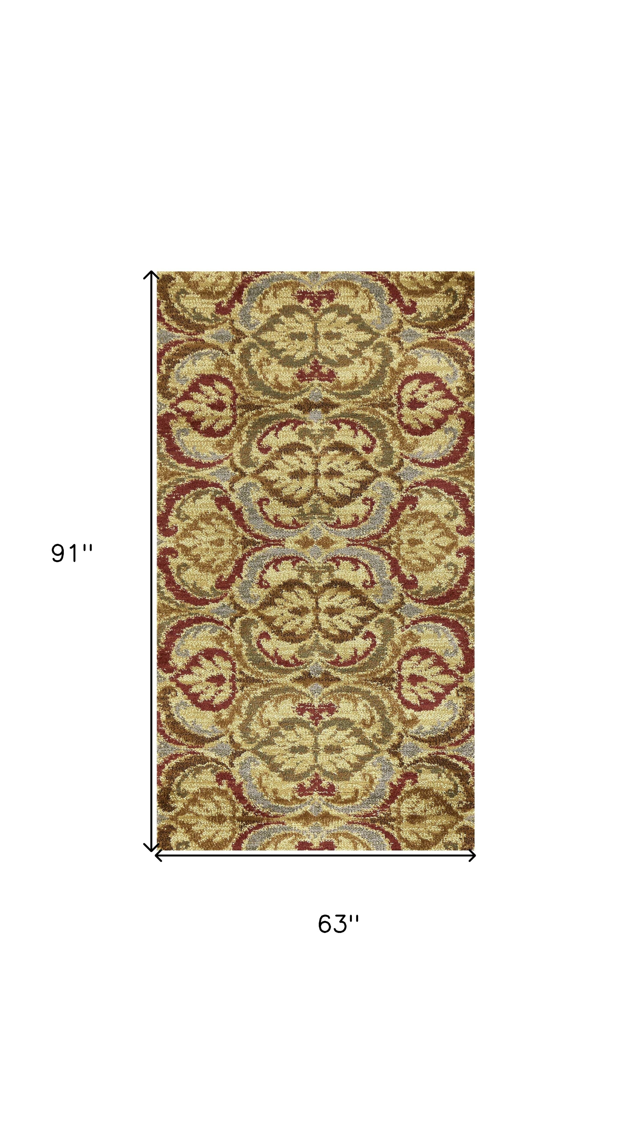 5" X 8" Gold Green and Red Floral Area Rug