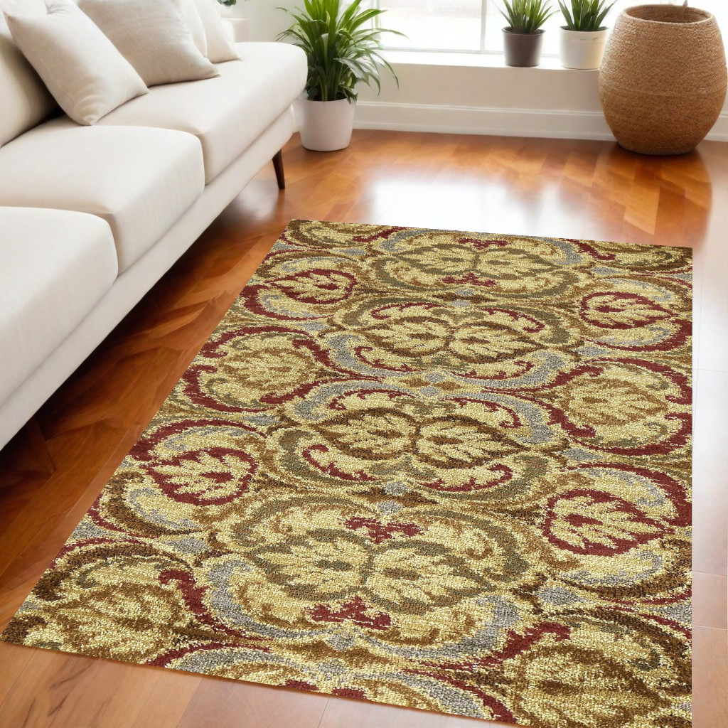 5" X 8" Gold Green and Red Floral Area Rug