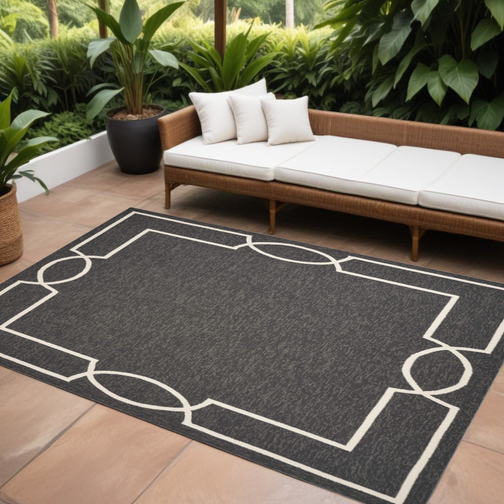 8' X 11' Onyx And White Geometric Handmade Indoor Outdoor Area Rug-374951-1
