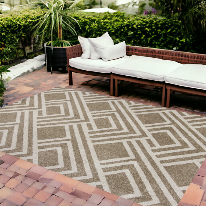 8'X11' Beige Machine Woven Uv Treated Geometric Indoor Outdoor Area Rug-374998-1