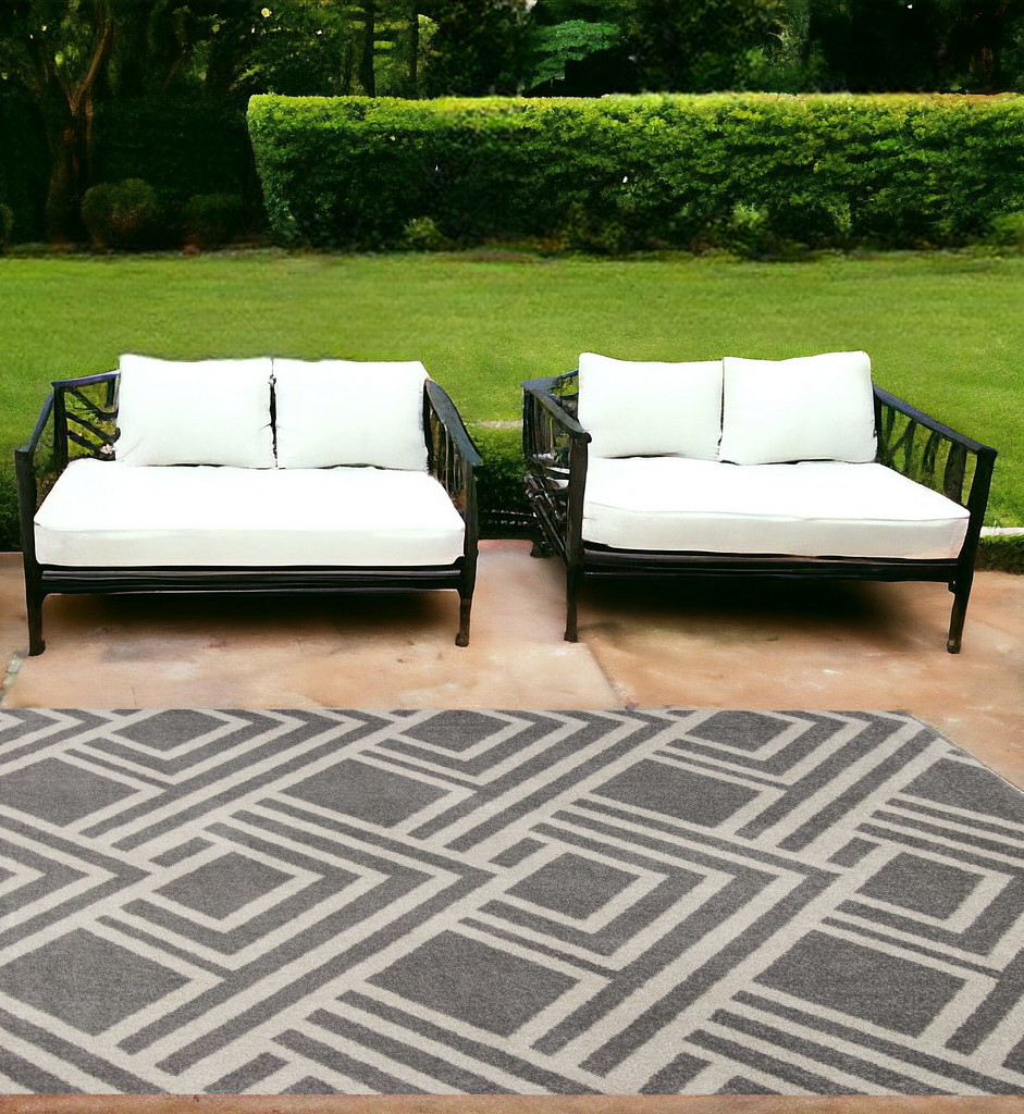 7'X10' Grey Machine Woven Uv Treated Geometric Indoor Outdoor Area Rug-375002-1