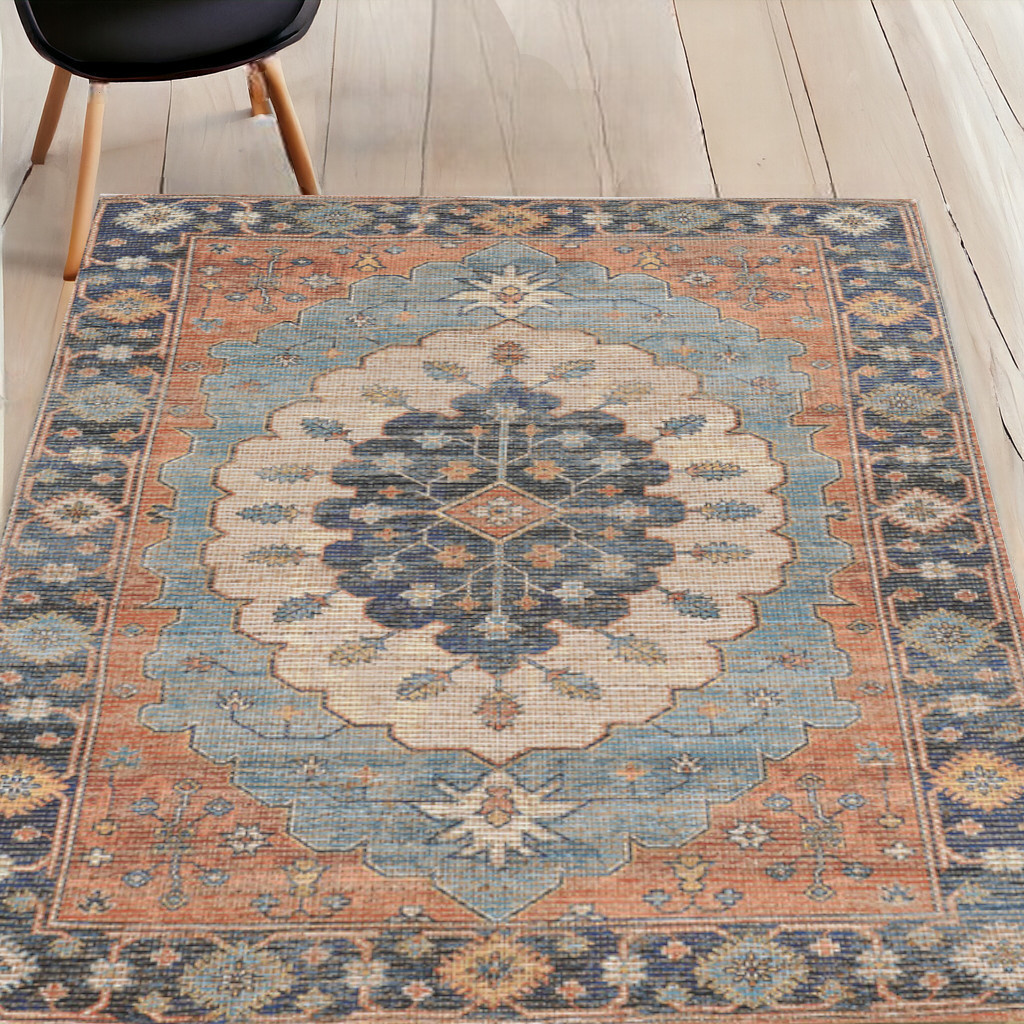 5'X7' Blue Hand Woven Floral Medallion Indoor Area Rug-375079-1