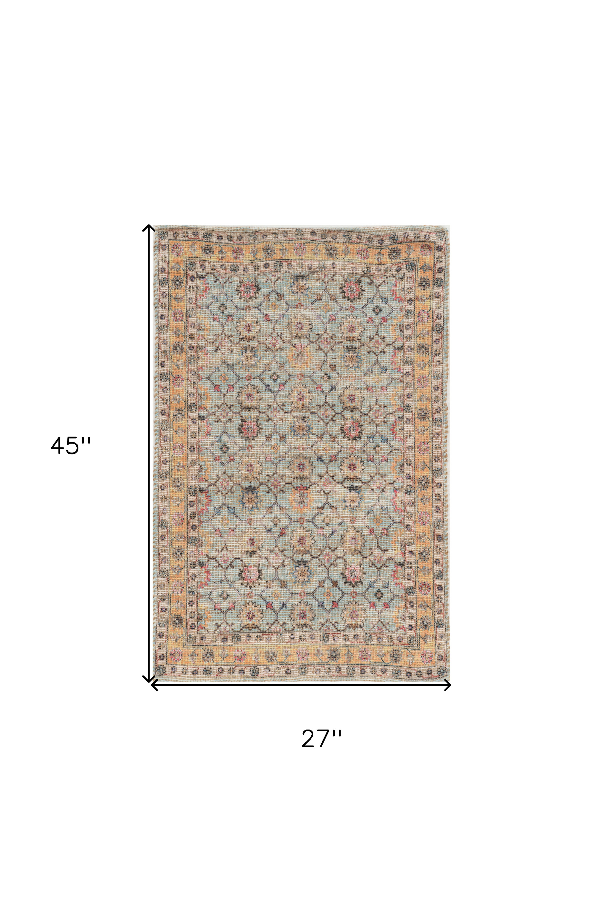 2" X 4" Blue and Orange Floral Hand Woven Area Rug