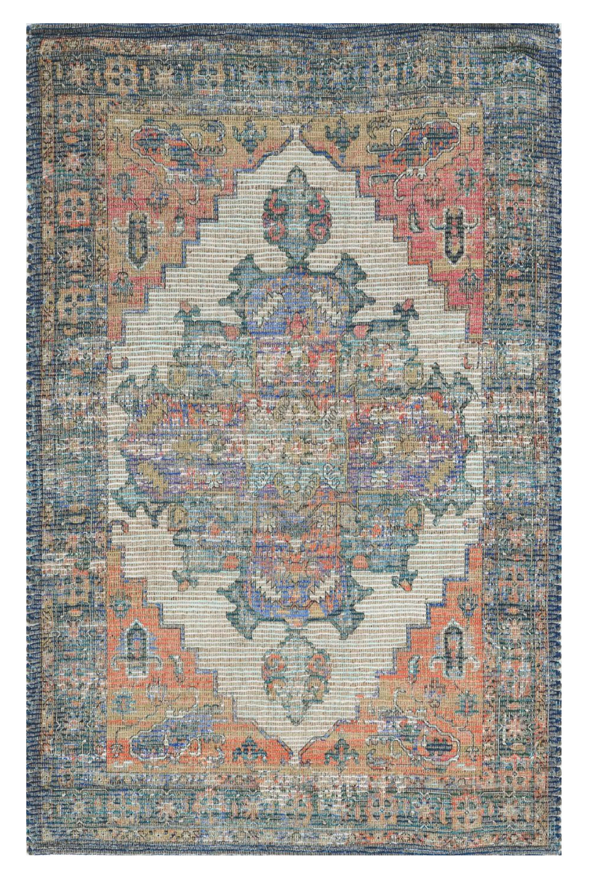 2" X 4" Blue and Ivory Medallion Hand Woven Distressed Area Rug