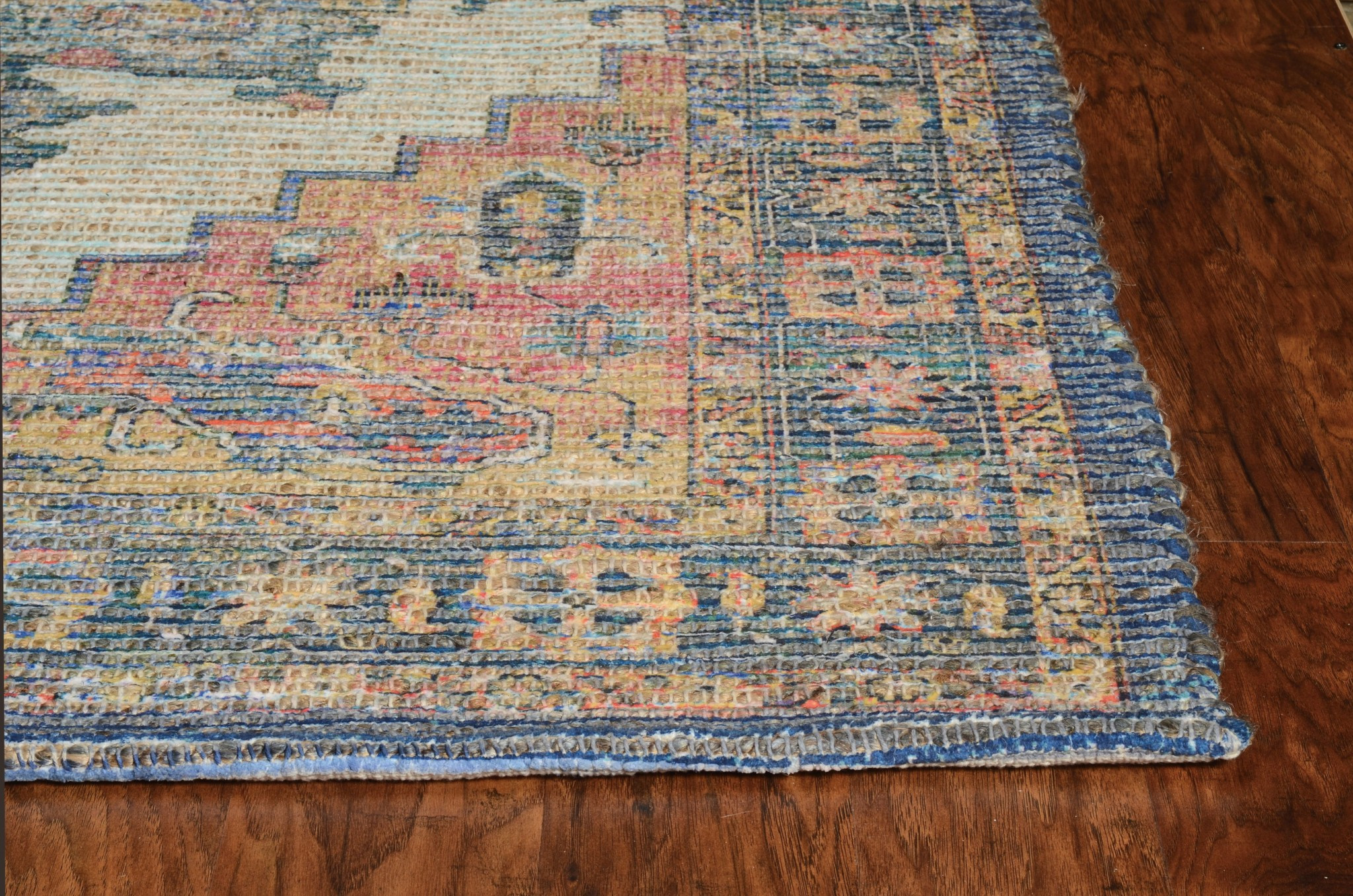 2" X 4" Blue and Ivory Medallion Hand Woven Distressed Area Rug