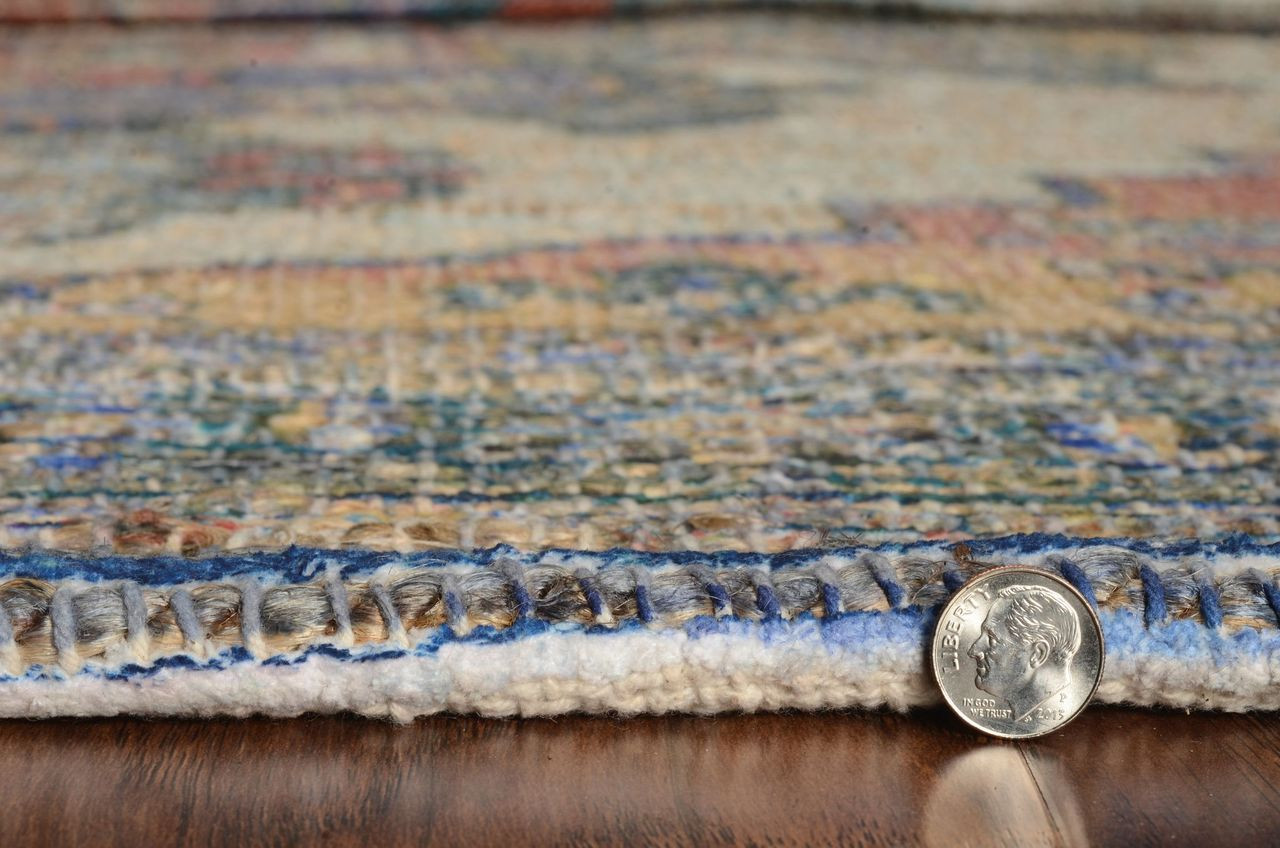 2" X 4" Blue and Ivory Medallion Hand Woven Distressed Area Rug