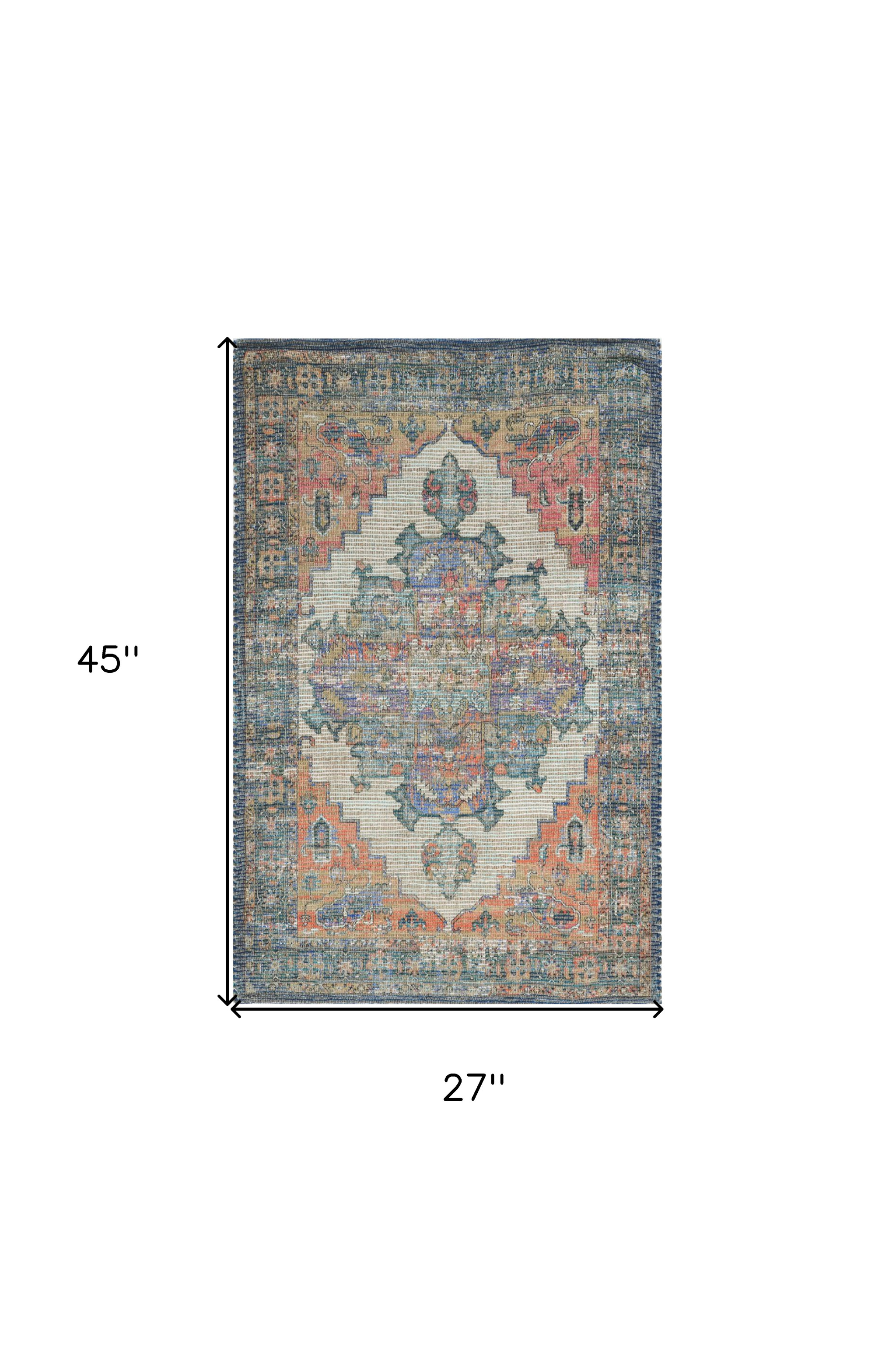 2" X 4" Blue and Ivory Medallion Hand Woven Distressed Area Rug