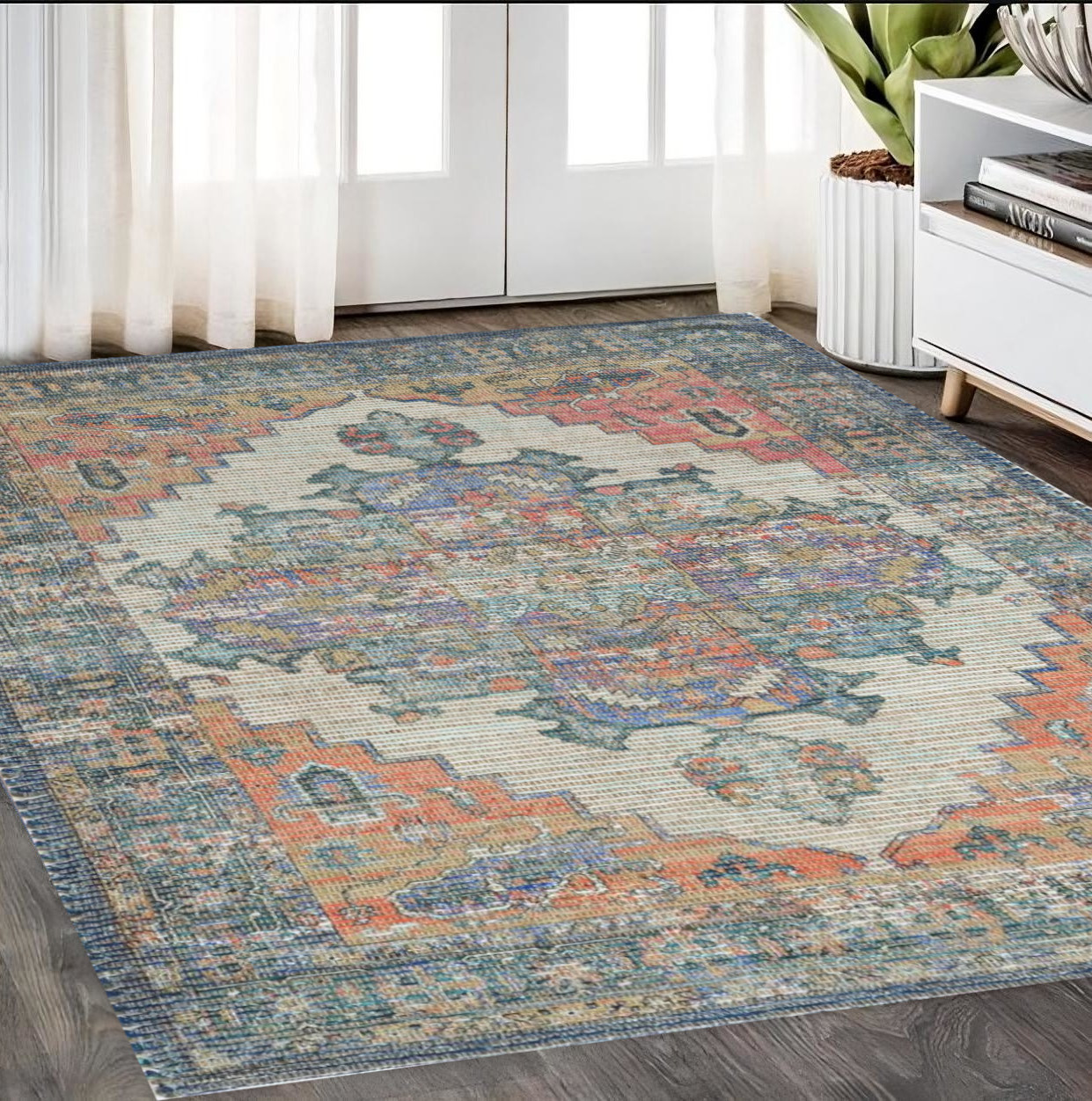 5'X7' Blue Rust Orange Hand Woven Diamond Medallion Indoor Area Rug-375089-1