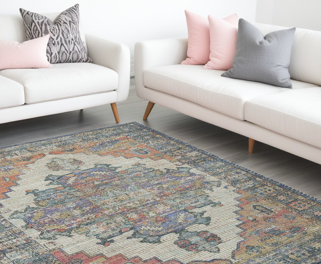 8" X 10" Blue Orange Hand Woven Diamond Medallion Indoor Area Rug