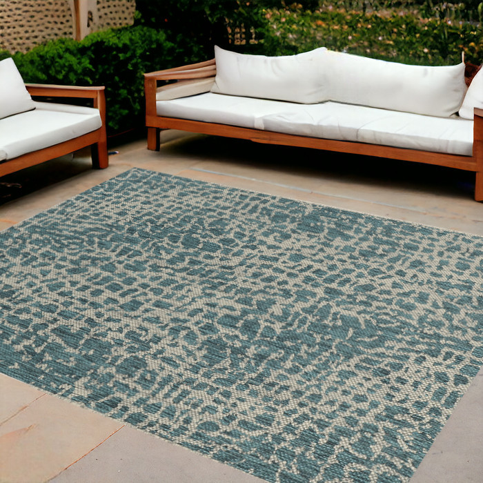 8'X11' Teal Machine Woven Uv Treated Animal Print Indoor Outdoor Area Rug-375201-1