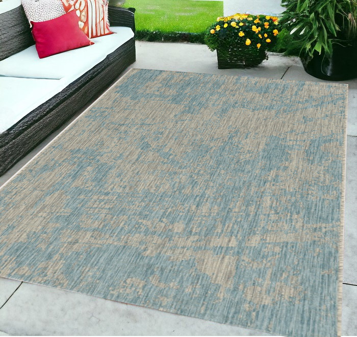 5'X7' Teal Machine Woven Uv Treated Abstract Brushstrokes Indoor Outdoor Area Rug-375215-1