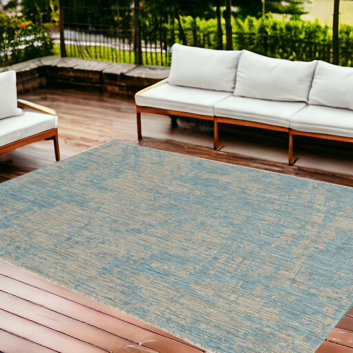 8'X11' Teal Machine Woven Abstract Strokes Indoor Outdoor Area Rug-375216-1