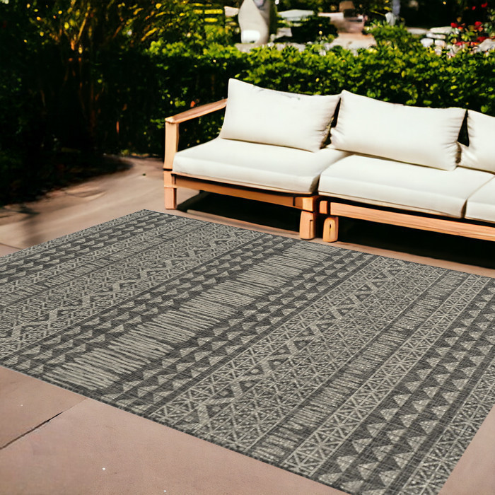 8'X11' Charcoal Machine Woven Uv Treated Tribal Indoor Outdoor Area Rug-375221-1