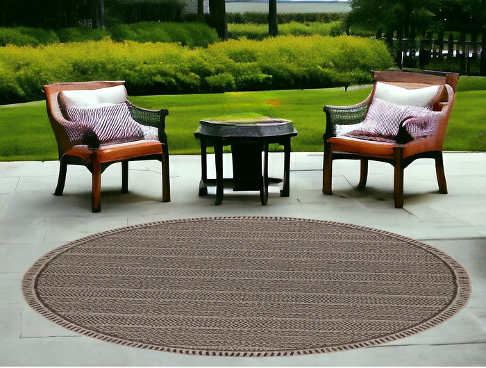 8' Round Mocha Geometric Pattern Indoor Outdoor Area Rug-375226-1