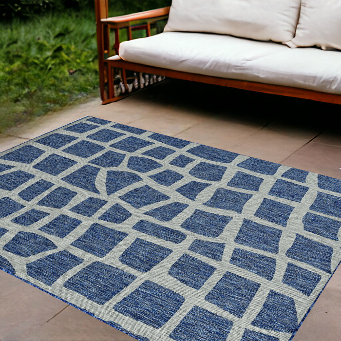 8'X11' Blue Grey Machine Woven Uv Treated Abstract Indoor Outdoor Area Rug-375230-1