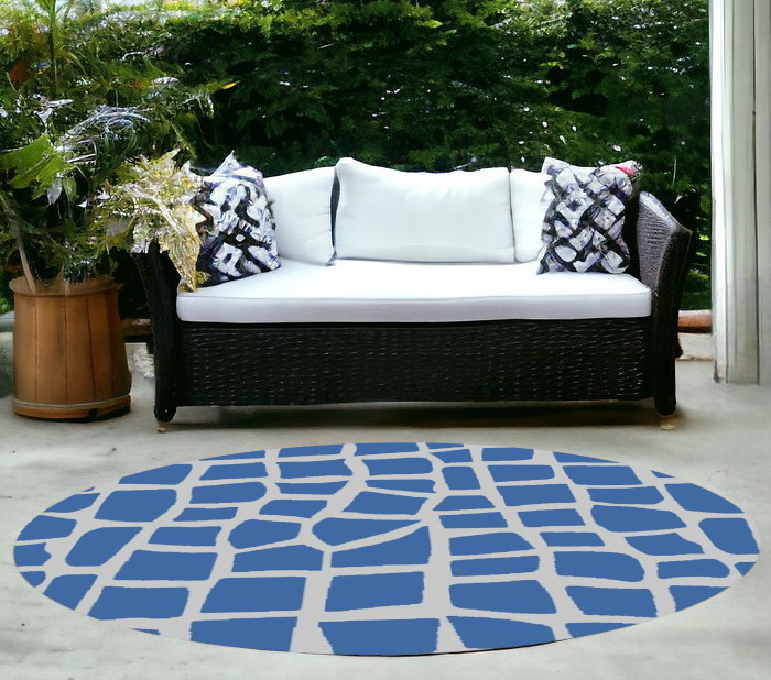 8' Blue Grey Machine Woven Uv Treated Animal Print Indoor Outdoor Round Area Rug-375231-1