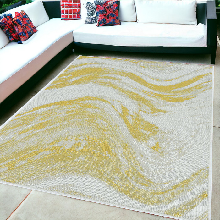 5'X7' Ivory Gold Machine Woven Uv Treated Abstract Waves Indoor Outdoor Area Rug-375234-1
