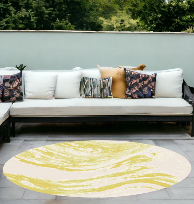 8' Ivory Gold Machine Woven Abstract Waves Round Indoor Outdoor Area Rug-375236-1