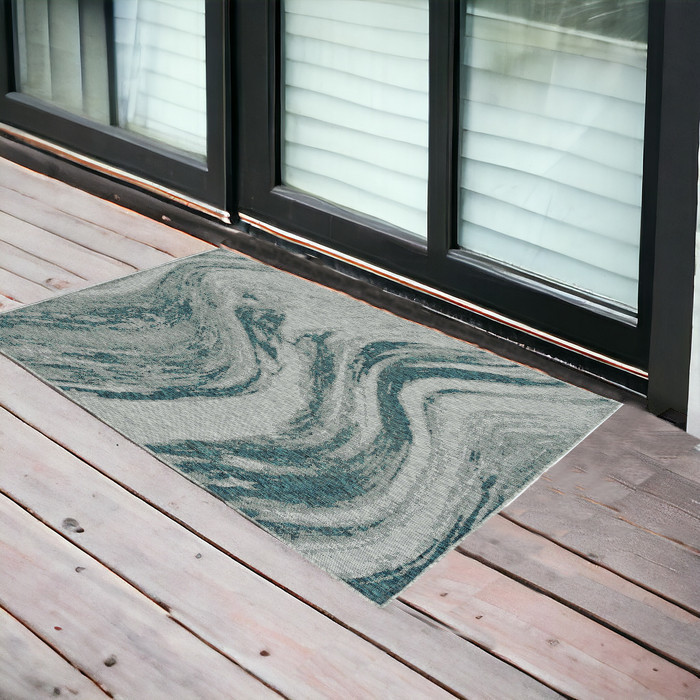 3'X4' Grey Teal Machine Woven Uv Treated Abstract Waves Indoor Outdoor Accent Rug-375237-1