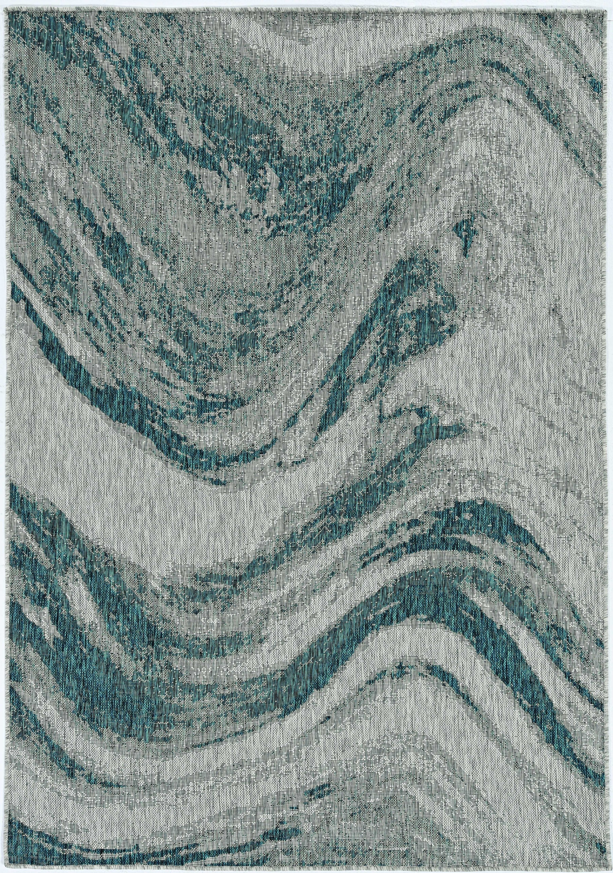 8'X11' Grey Teal Machine Woven Uv Treated Abstract Waves Indoor Outdoor Area Rug-375240-1