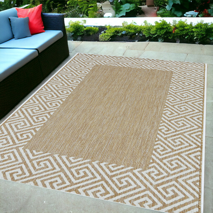 5'X7' Ivory Machine Woven Uv Treated Greek Key Bordered Indoor Outdoor Area Rug-375244-1