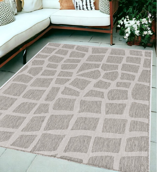 5'X7' Ivory Grey Machine Woven Uv Treated Abstract Indoor Outdoor Area Rug-375254-1