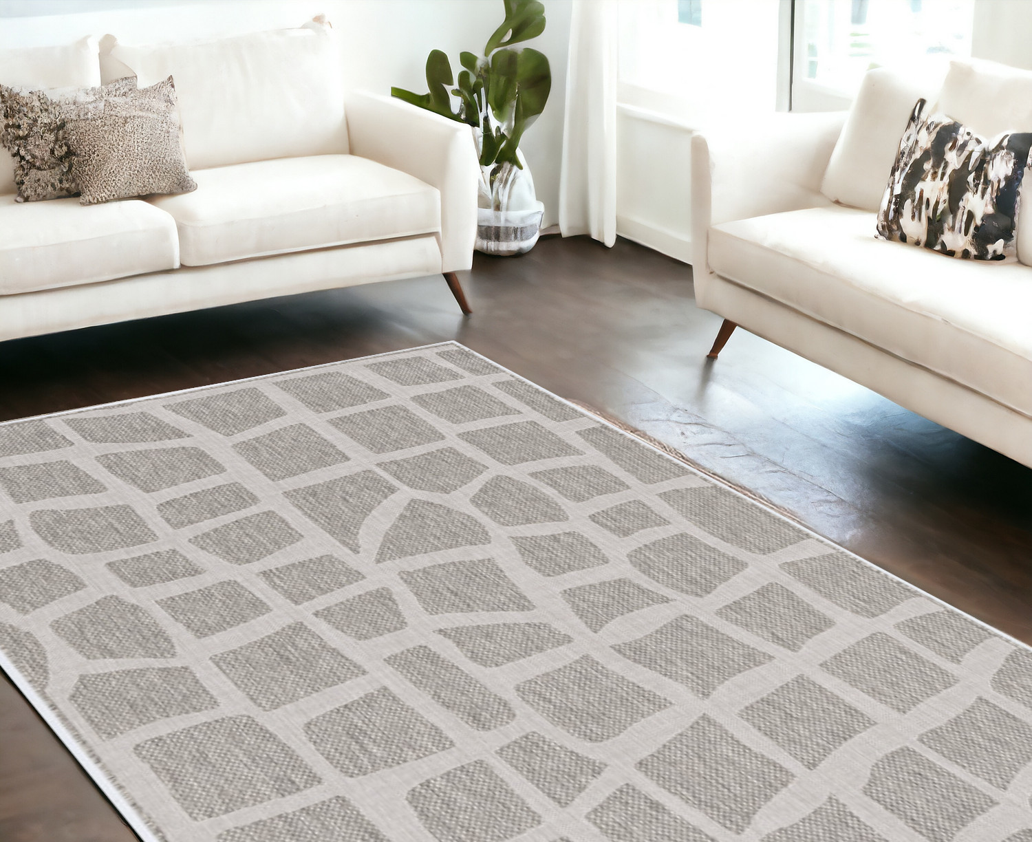 8' X 11' Ivory Or Grey Abstract Tiles Indoor Area Rug-375255-1