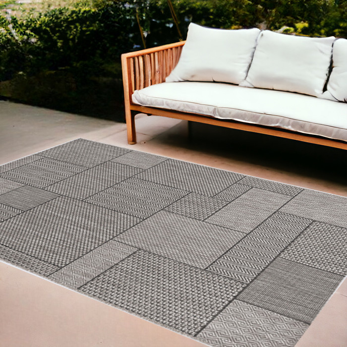 8'X11' Grey Machine Woven Uv Treated Geometric Indoor Outdoor Area Rug-375260-1