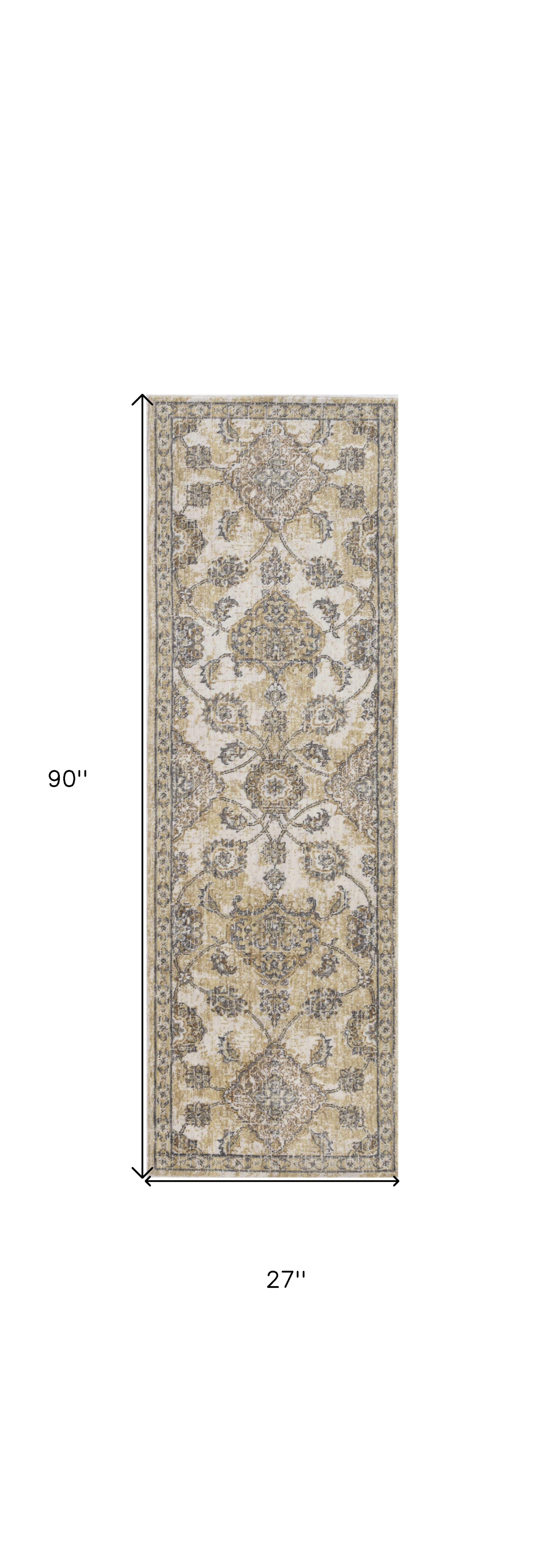 2" X 7" Ivory Sand Floral Vine Wool Indoor Runner Rug