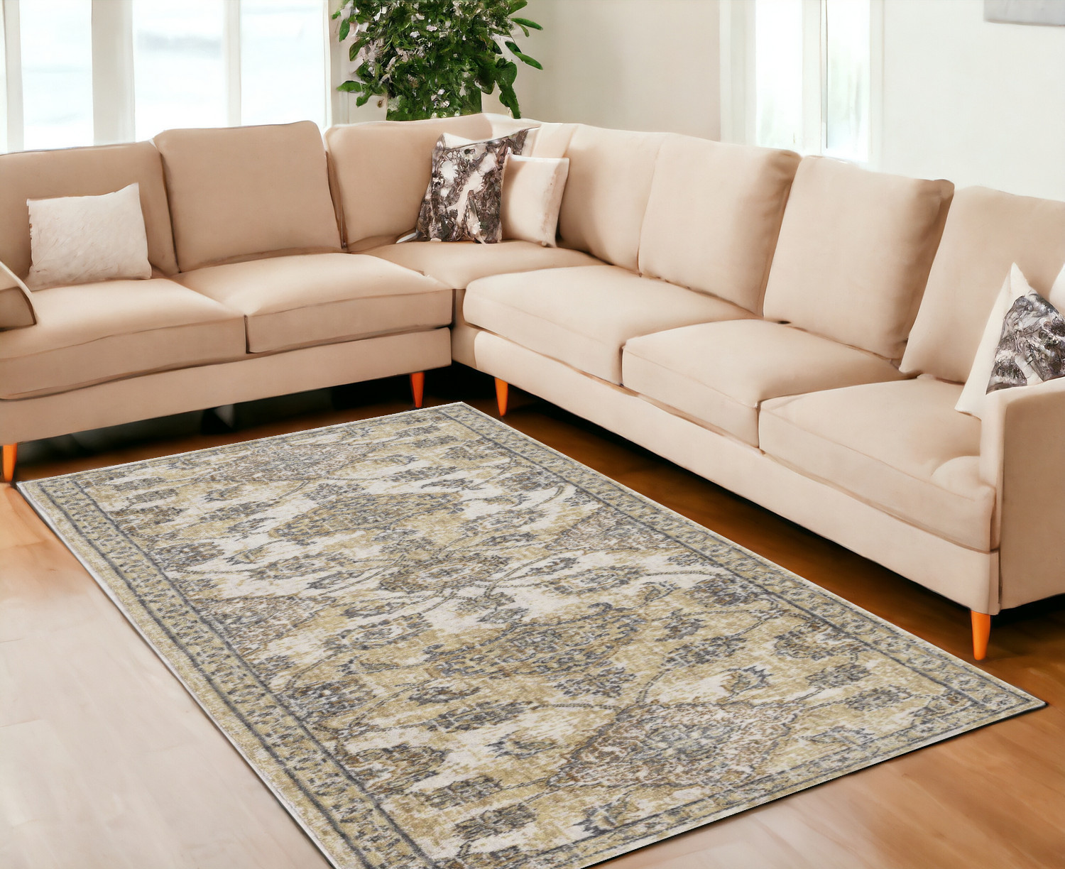 8' X 11' Ivory Sand And Gray Wool Floral Distressed Area Rug-375266-1