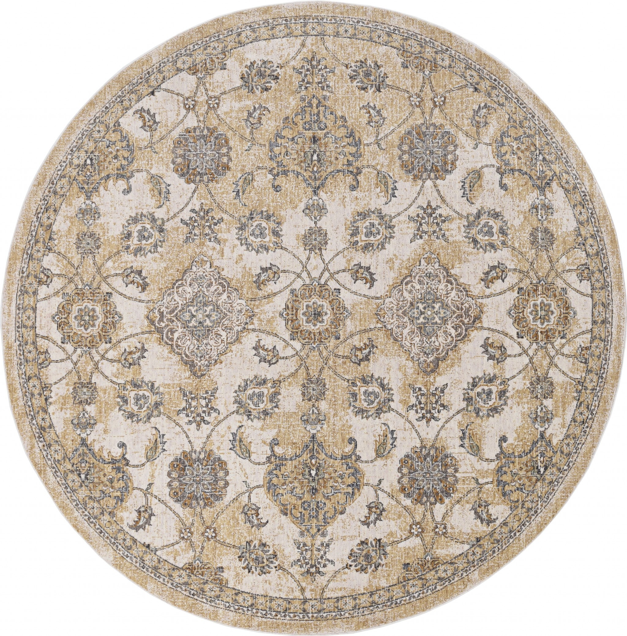 9' Ivory Sand Machine Woven Bordered Floral Vines Round Indoor Area Rug-375268-1