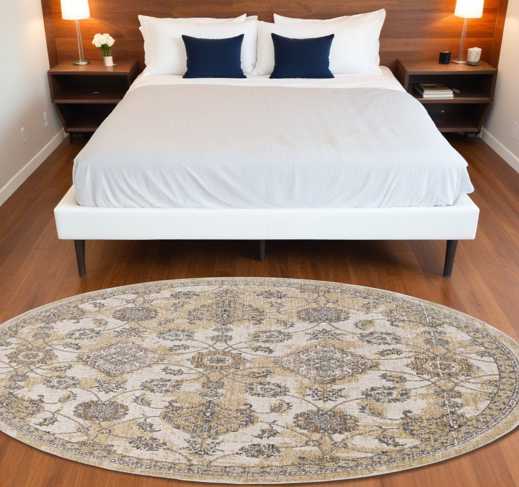 9' Ivory Round Wool Floral Vines Area Rug-375268-1