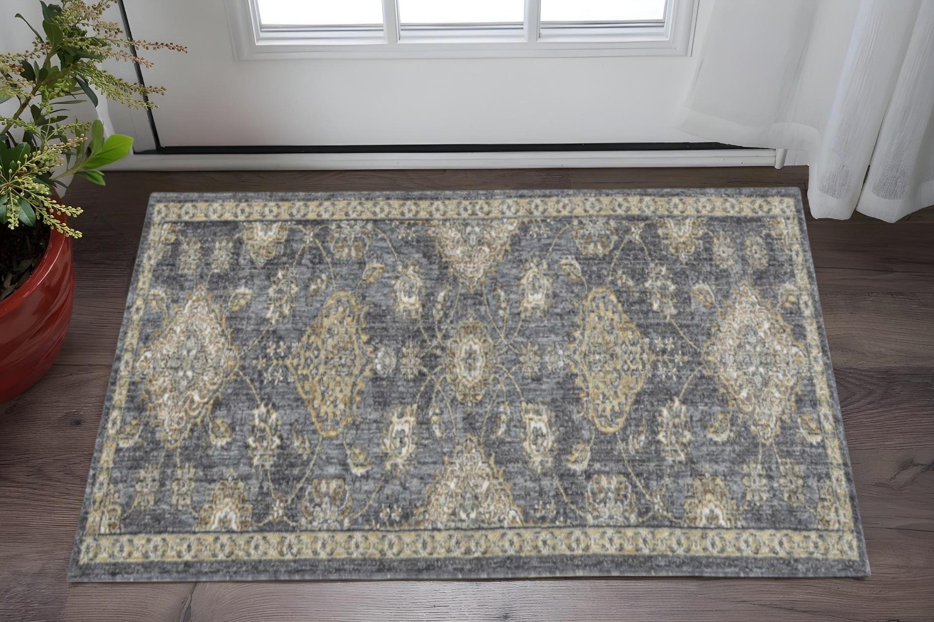 3' X 5' Slate Gray Wool Floral Vines Area Rug-375278-1