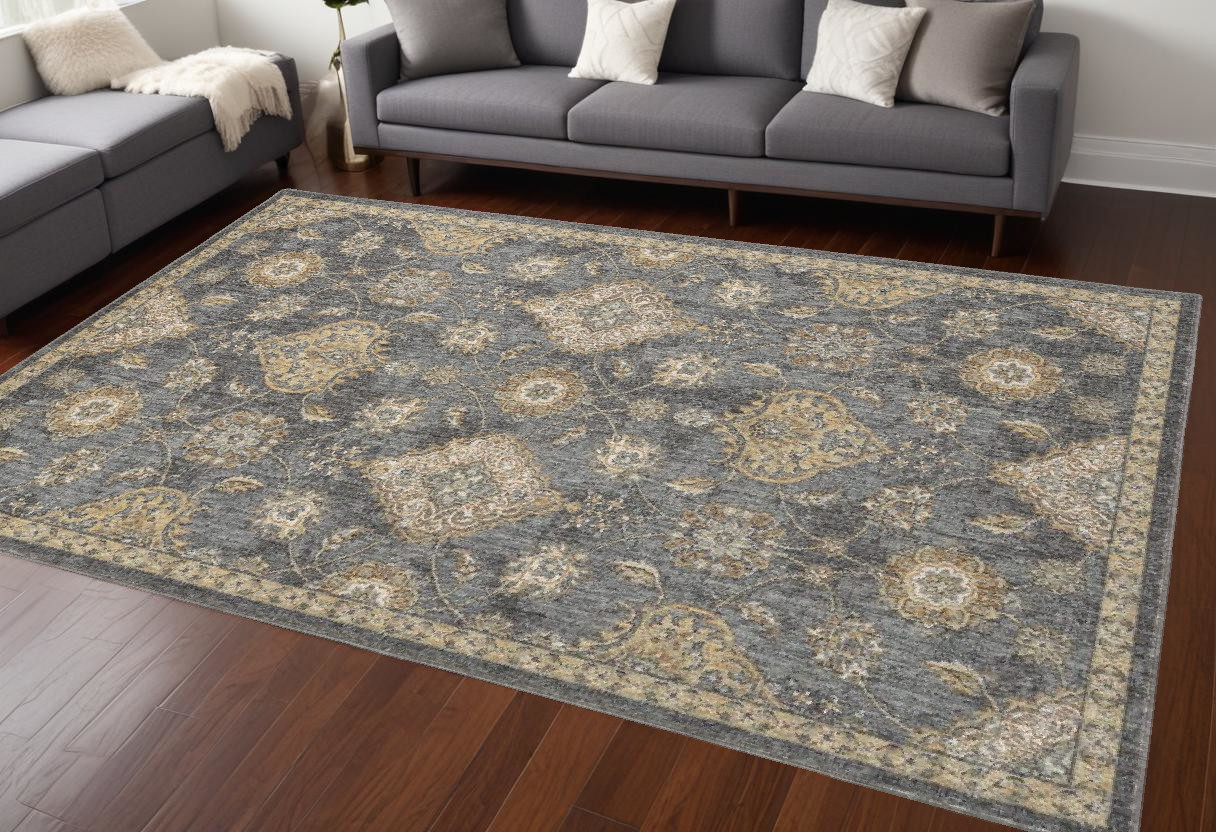 8' X 11' Gray And Gold Wool Floral Distressed Area Rug-375280-1