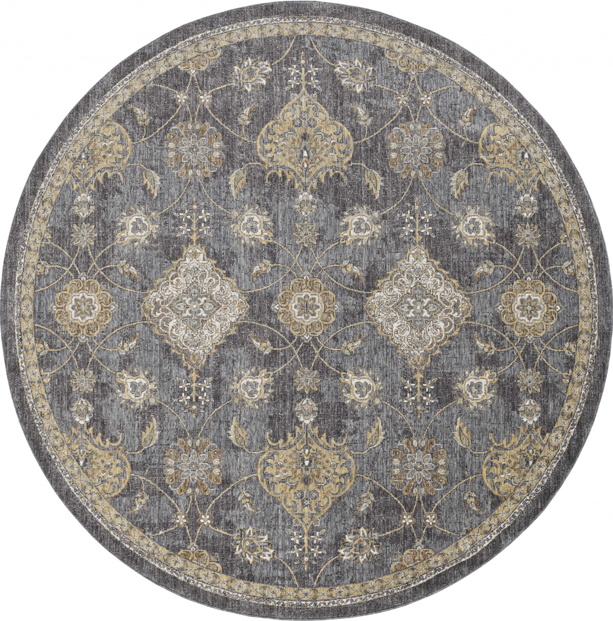 9' Slate Grey Machine Woven Bordered Floral Vines Round Indoor Area Rug-375282-1