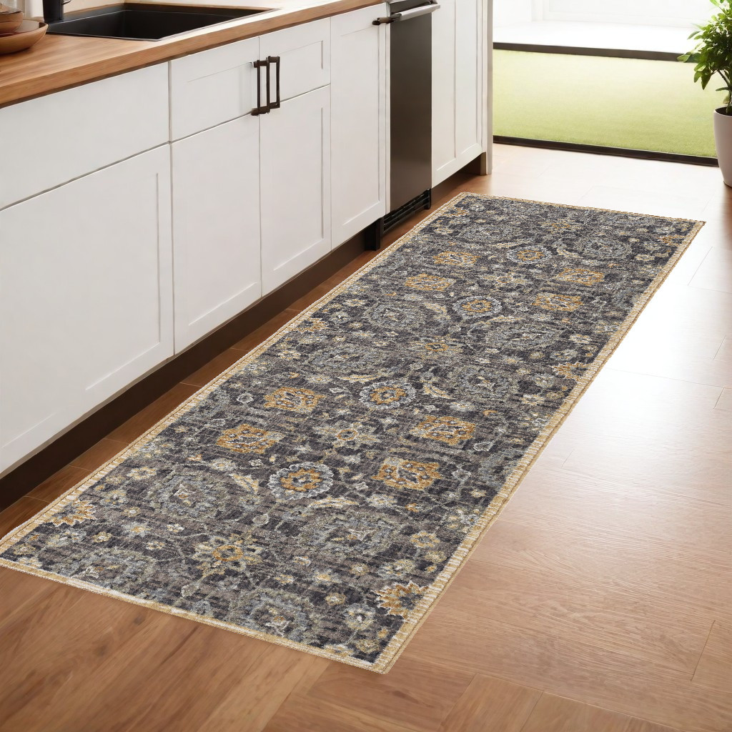 8' Taupe And Orange Wool Floral Distressed Runner Rug-375284-1