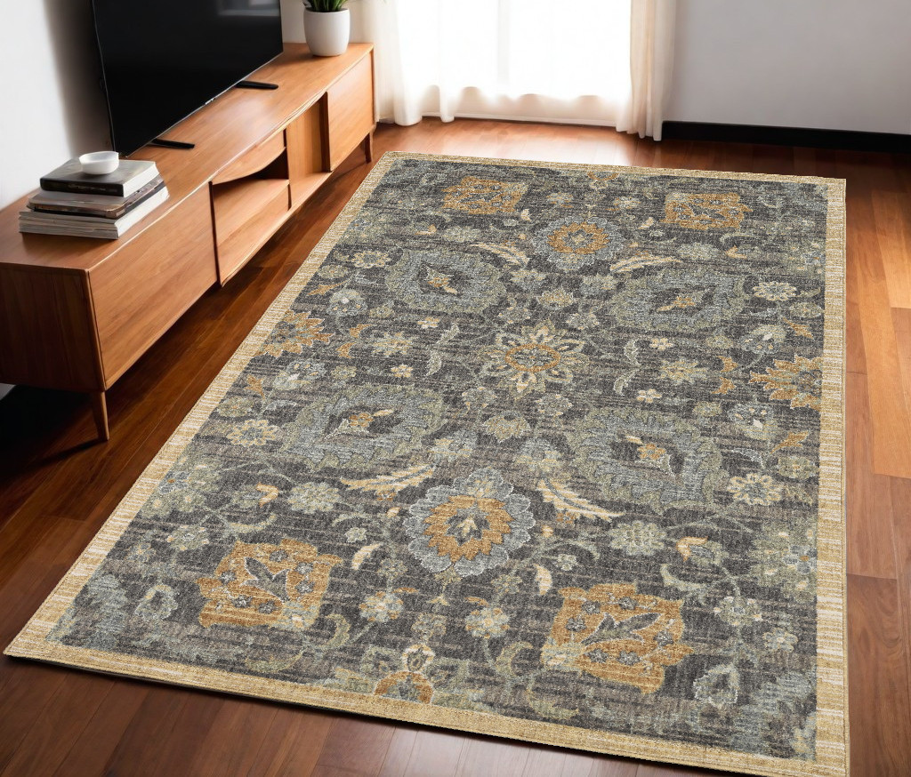 5' X 8' Taupe Orange And Gray Wool Floral Distressed Area Rug-375286-1