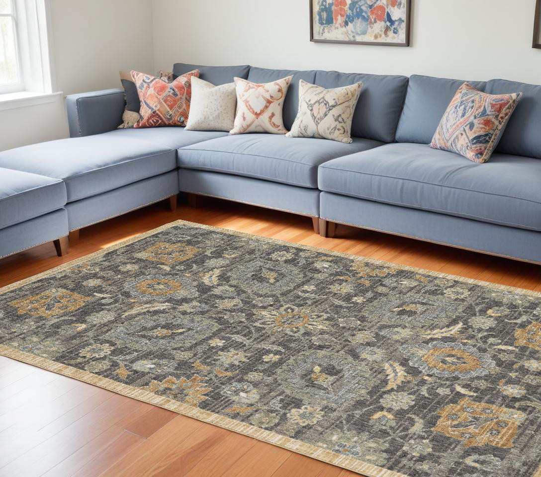 7' X 10' Black Orange And Gray Wool Floral Area Rug-375287-1