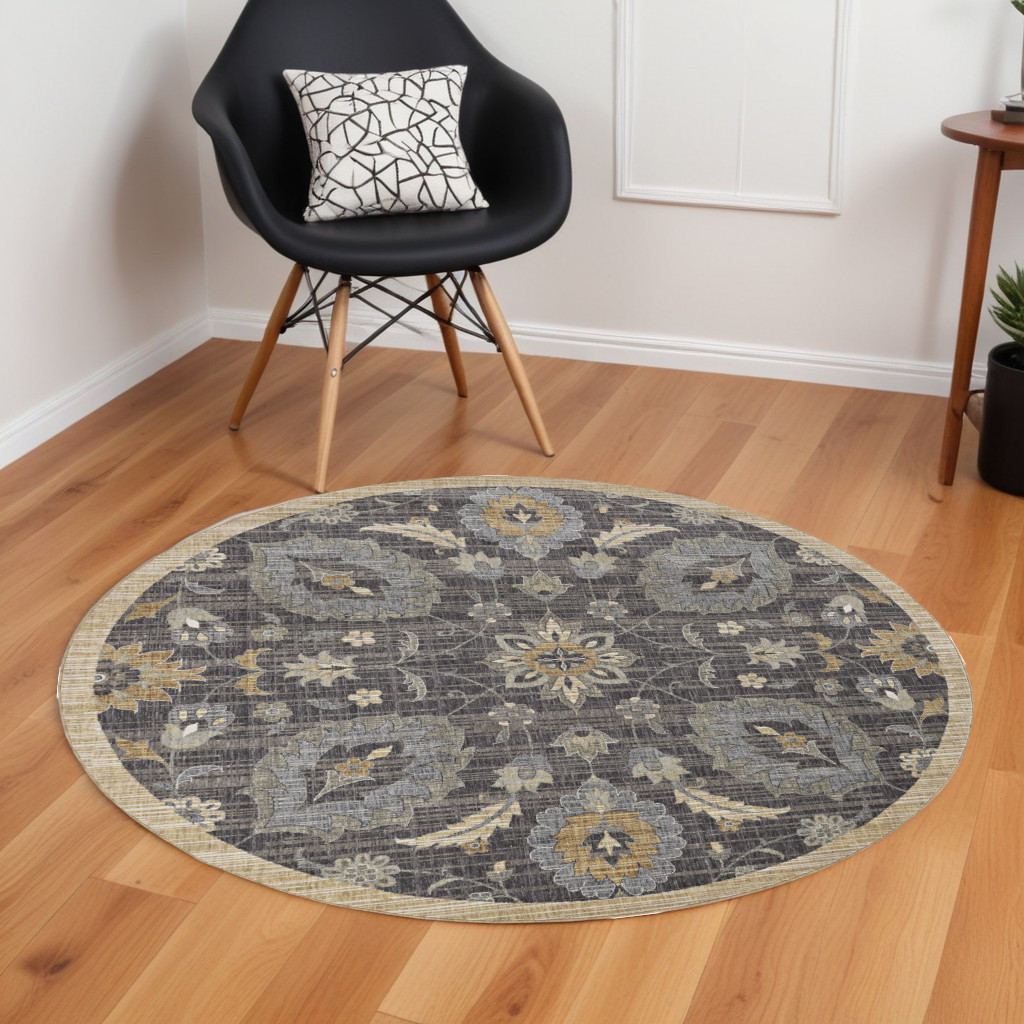 9' Taupe Orange And Gray Wool Floral Distressed Round Rug-375289-1