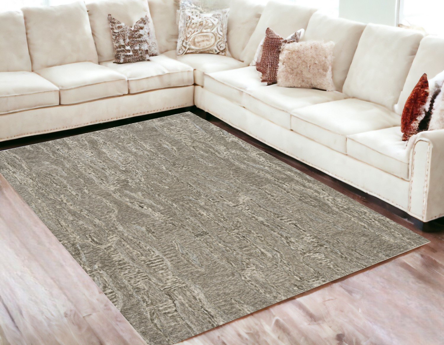 5' X 7' Sand Plain Wool Indoor Area Rug With Viscose Highlights-375356-1