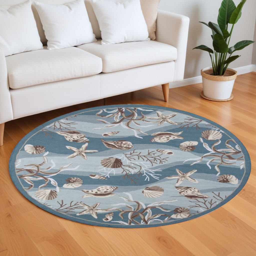 8' Blue and Beige Round Hand Tufted Area Rug-375435-1