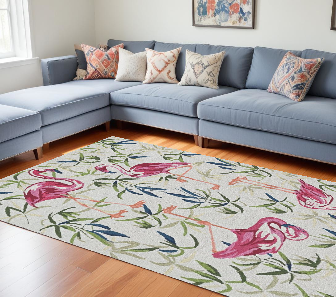8' X 10' Ivory And Pink Flamingo Hand Hooked Area Rug-375443-1