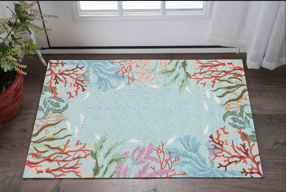 2'X4' Blue Hand Hooked Bordered Coral Reef Indoor Accent Rug-375445-1