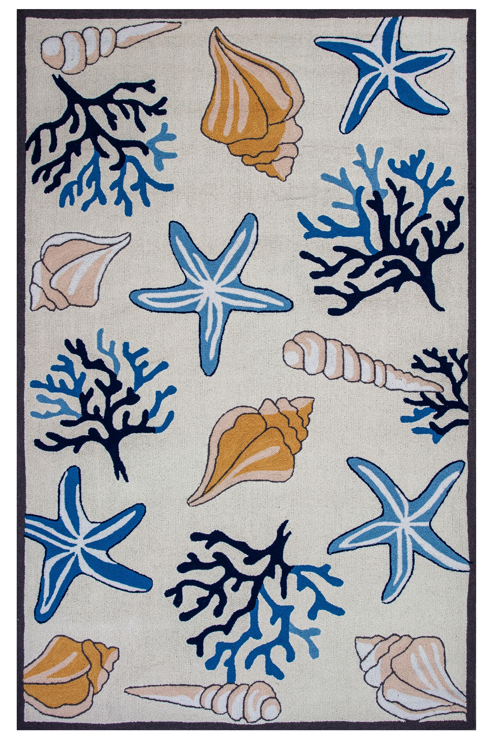 3' X 5' Ivory and Blue Seashell Hand Hooked Area Rug-375461-1