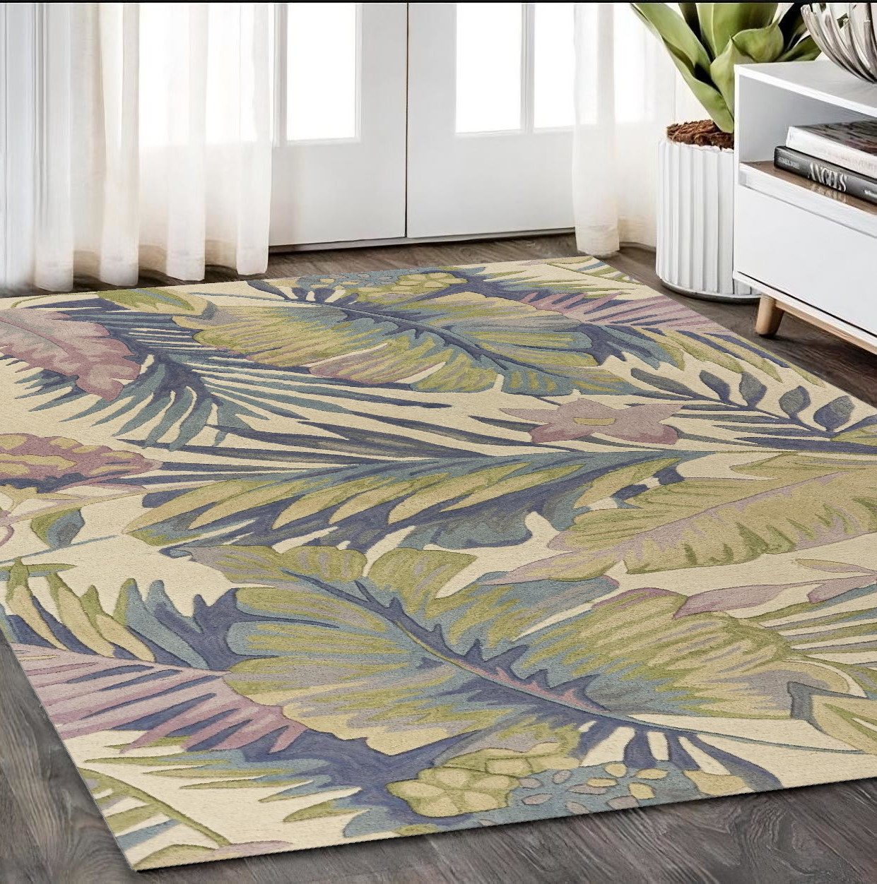 5' X 8' Ivory Blue And Green Wool Tropical Botanical Hand Tufted Area Rug-375467-1