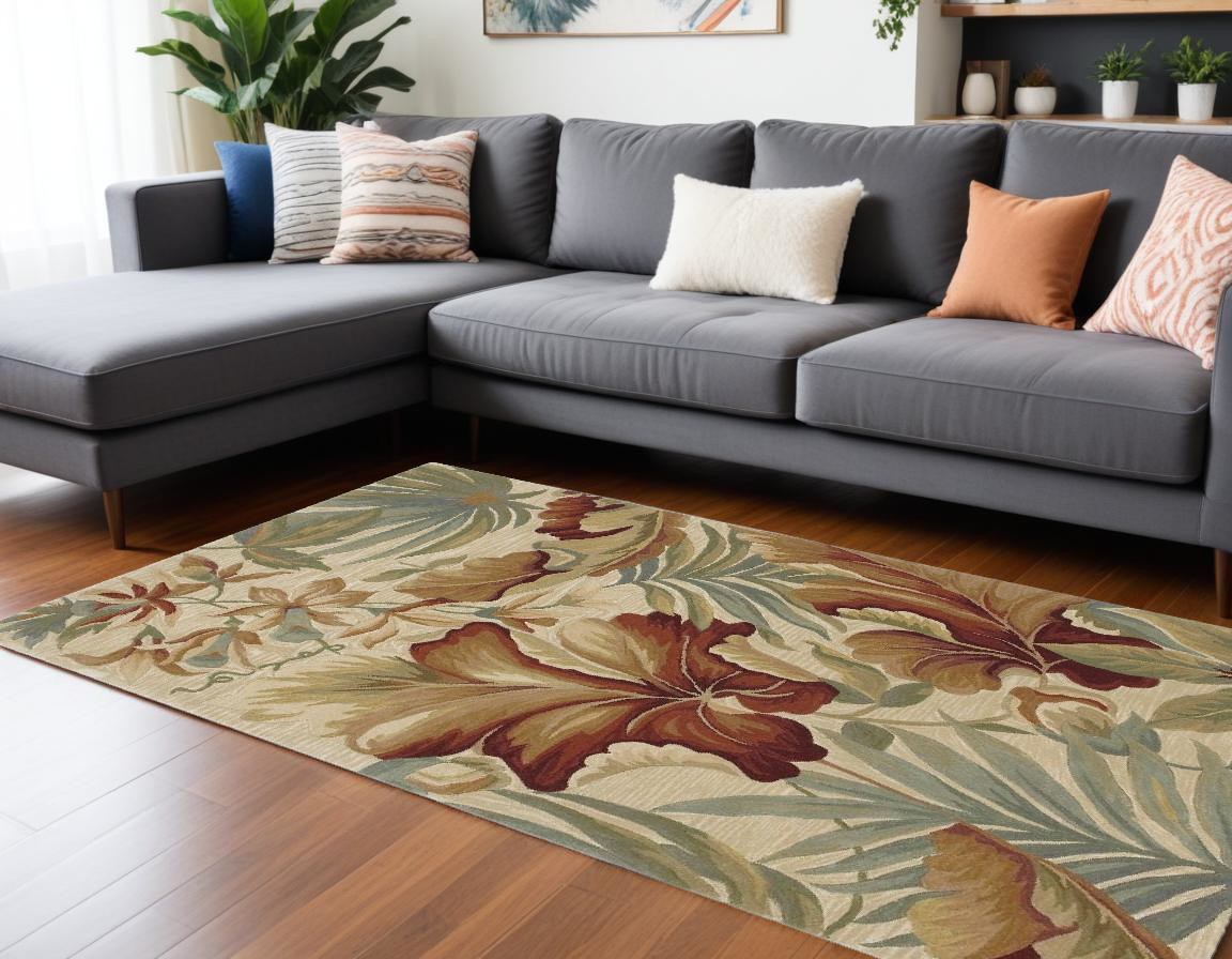9' X 12' Ivory Red And Gray Wool Tropical Botanical Hand Tufted Area Rug-375485-1