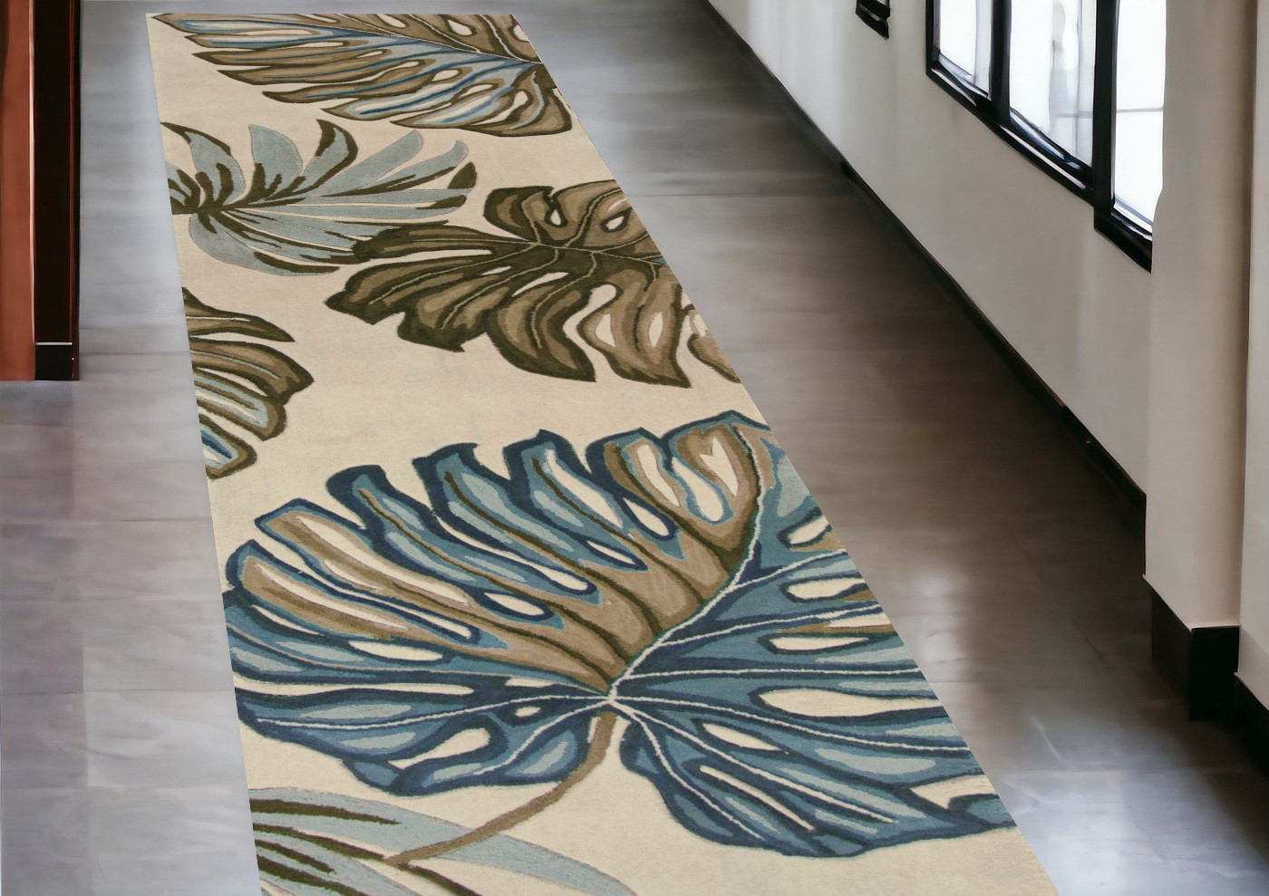 10' Ivory Hand Tufted Tropical Monstera Indoor Runner Rug-375500-1